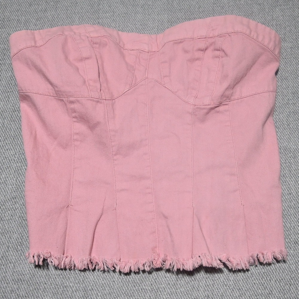 Free People Denim Corset Top Womens Strapless Raw Hem Small Pink